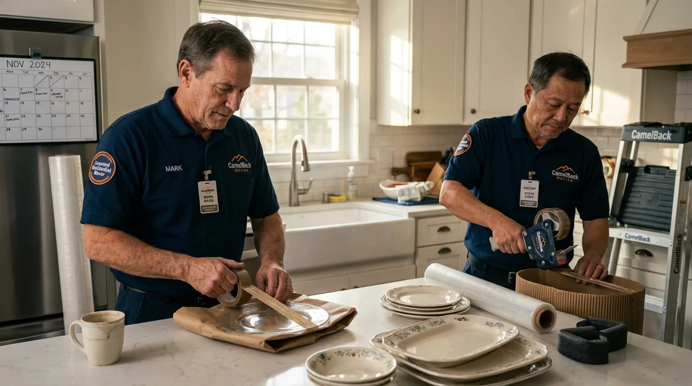 Professional crew packing kitchen dishware in Cobden, IL